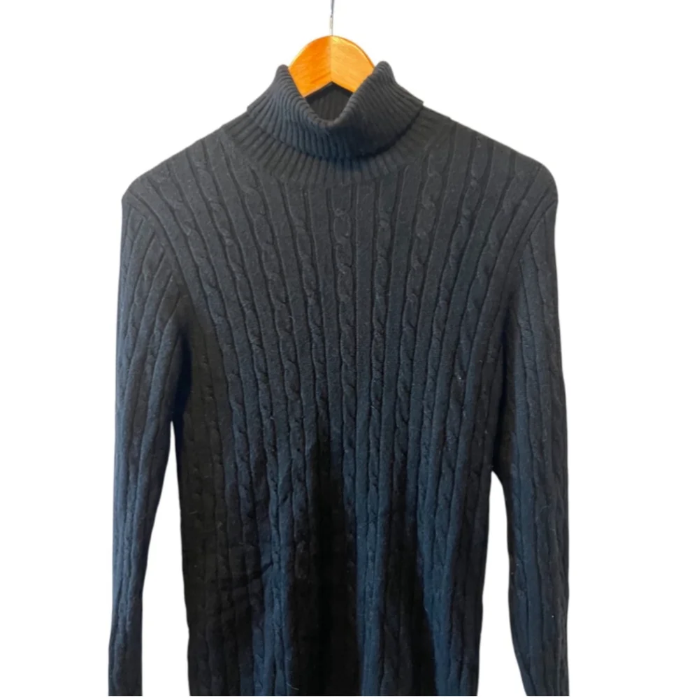 TOMMY HILFIGER Wool Alpaca Blend Black Cable Knit Fitted Turtleneck Sweater L - Picture 2 of 8